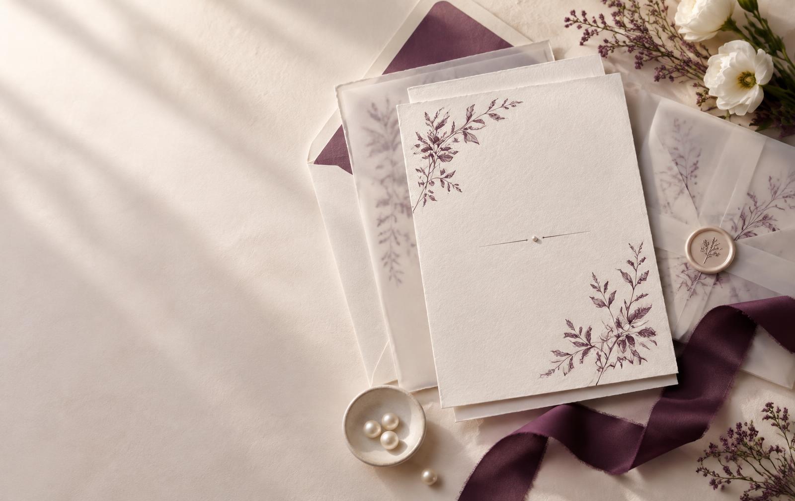 Composição elegante de convite Braveely em papel off-white e detalhes roxos